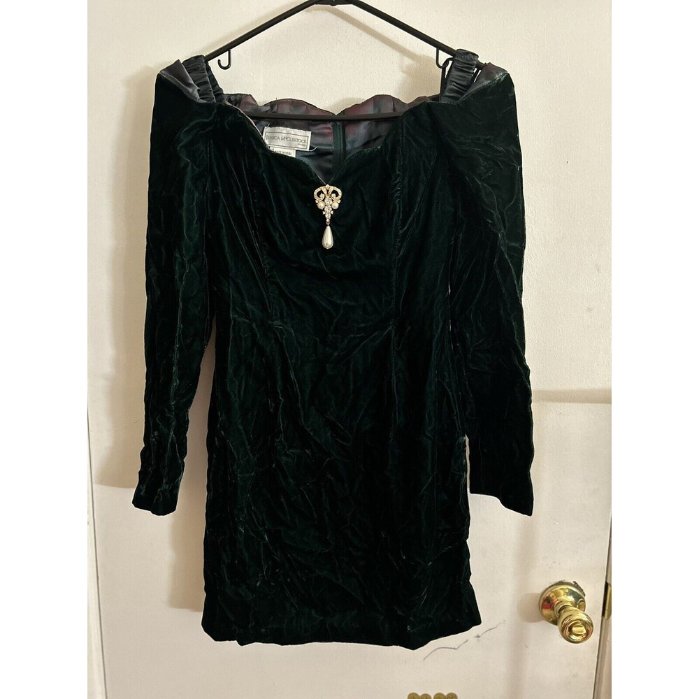 Vtg Jessica McClintock Bridal Dark Green Knee Velvet Dress Rare Pearl Sz 3/4
